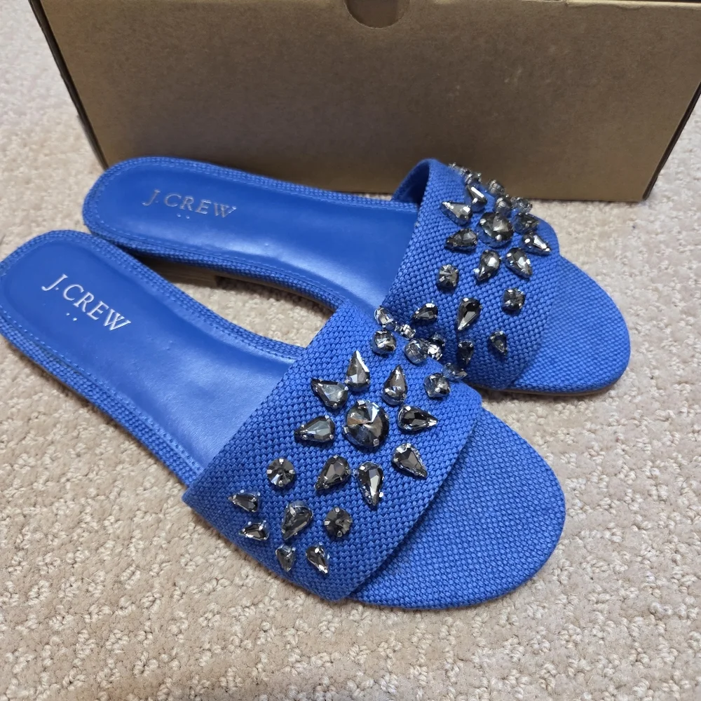 J. Crew New‎ Jewel Slide Sandals Womens 7.5 Gulf Smoke Blue Spring Resortwear